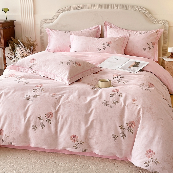 91家纺网 家纺一手货源 找家纺 梧桐树 2026新款高支密全棉纯棉印花四件套 A611妮可 粉