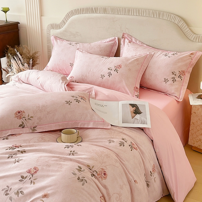 91家纺网 家纺一手货源 找家纺 梧桐树 2026新款高支密全棉纯棉印花四件套 A611妮可 粉