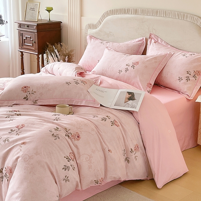 91家纺网 家纺一手货源 找家纺 梧桐树 2026新款高支密全棉纯棉印花四件套 A611妮可 粉