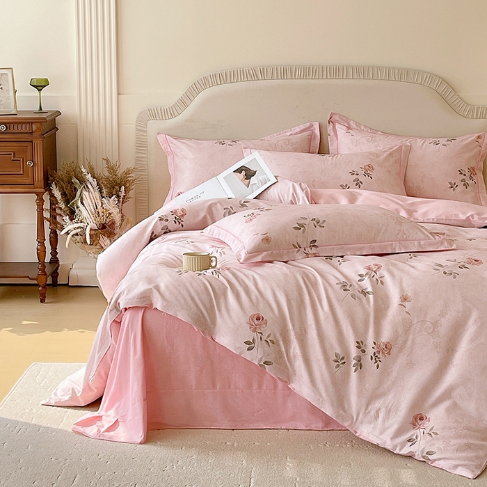 91家纺网 家纺一手货源 找家纺 梧桐树 2026新款高支密全棉纯棉印花四件套 A611妮可 粉