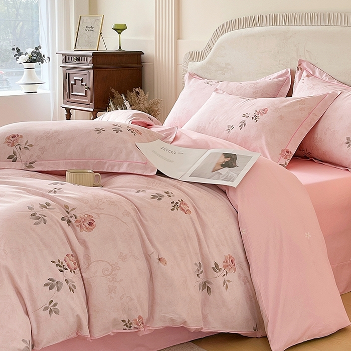 91家纺网 家纺一手货源 找家纺 梧桐树 2026新款高支密全棉纯棉印花四件套 A611妮可 粉