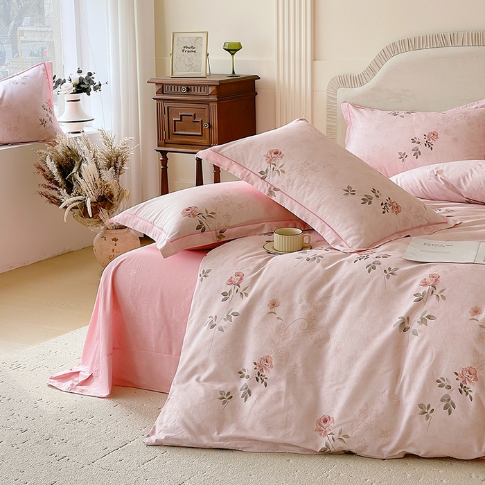 91家纺网 家纺一手货源 找家纺 梧桐树 2026新款高支密全棉纯棉印花四件套 A611妮可 粉