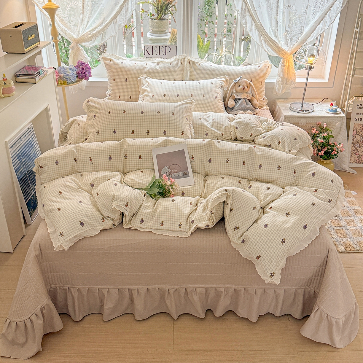 91家纺网 家纺一手货源 找家纺 （总）梦莱斯 2026新款ins小清风水洗棉花边床盖四件套