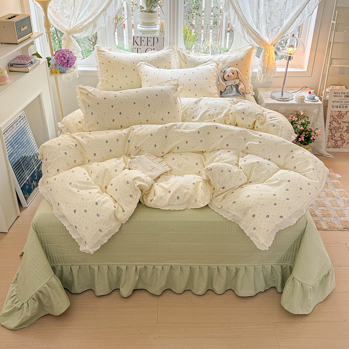 91家纺网 家纺一手货源 找家纺 （总）梦莱斯 2026新款ins小清风水洗棉花边床盖四件套