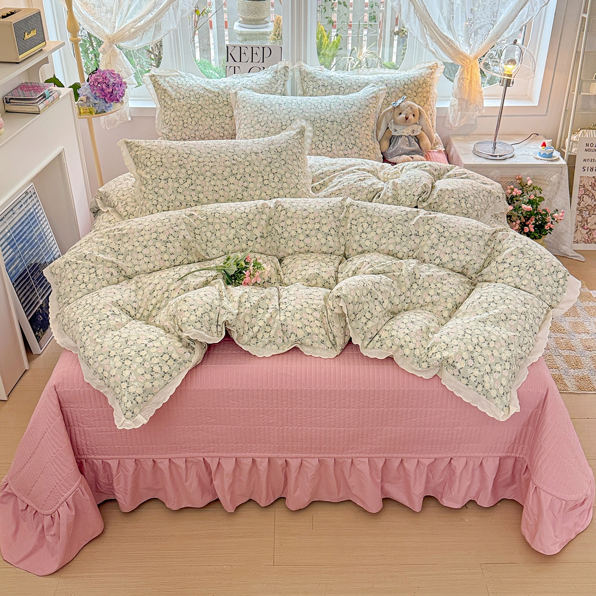 91家纺网 家纺一手货源 找家纺 （总）梦莱斯 2026新款ins小清风水洗棉花边床盖四件套