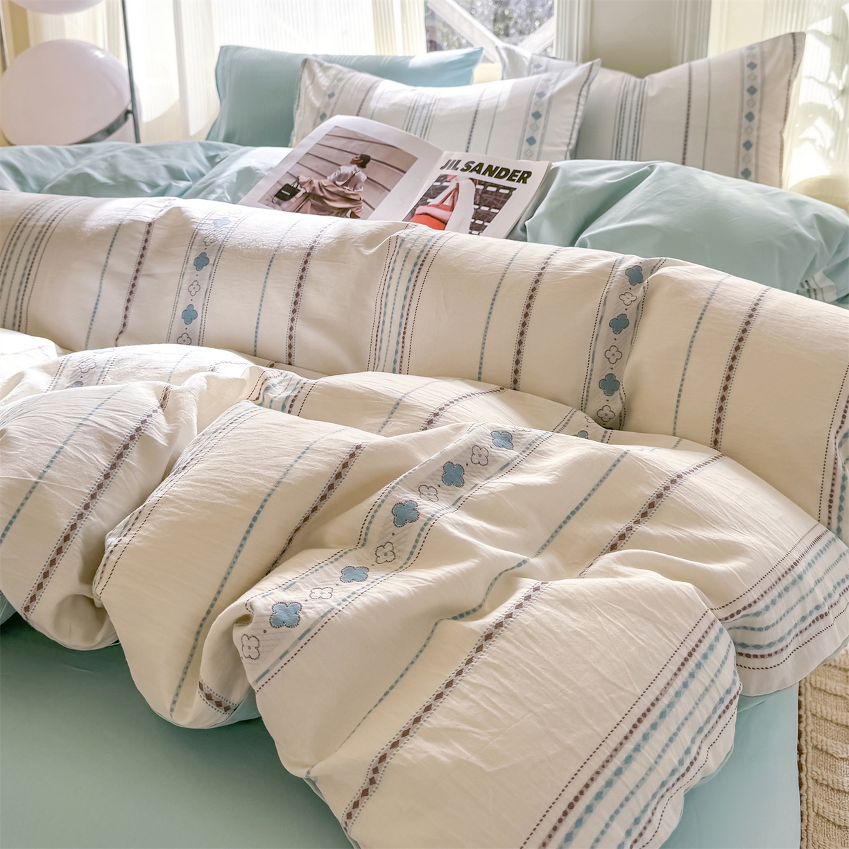 灰鲸 2026新款A类全棉纯棉色织提花四件套 四叶星语-蓝