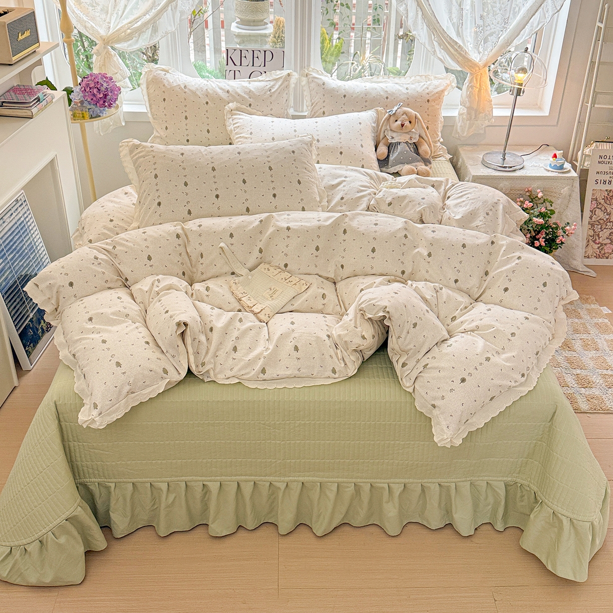 91家纺网 家纺一手货源 找家纺 （总）梦莱斯 2026新款ins小清风水洗棉花边床盖四件套