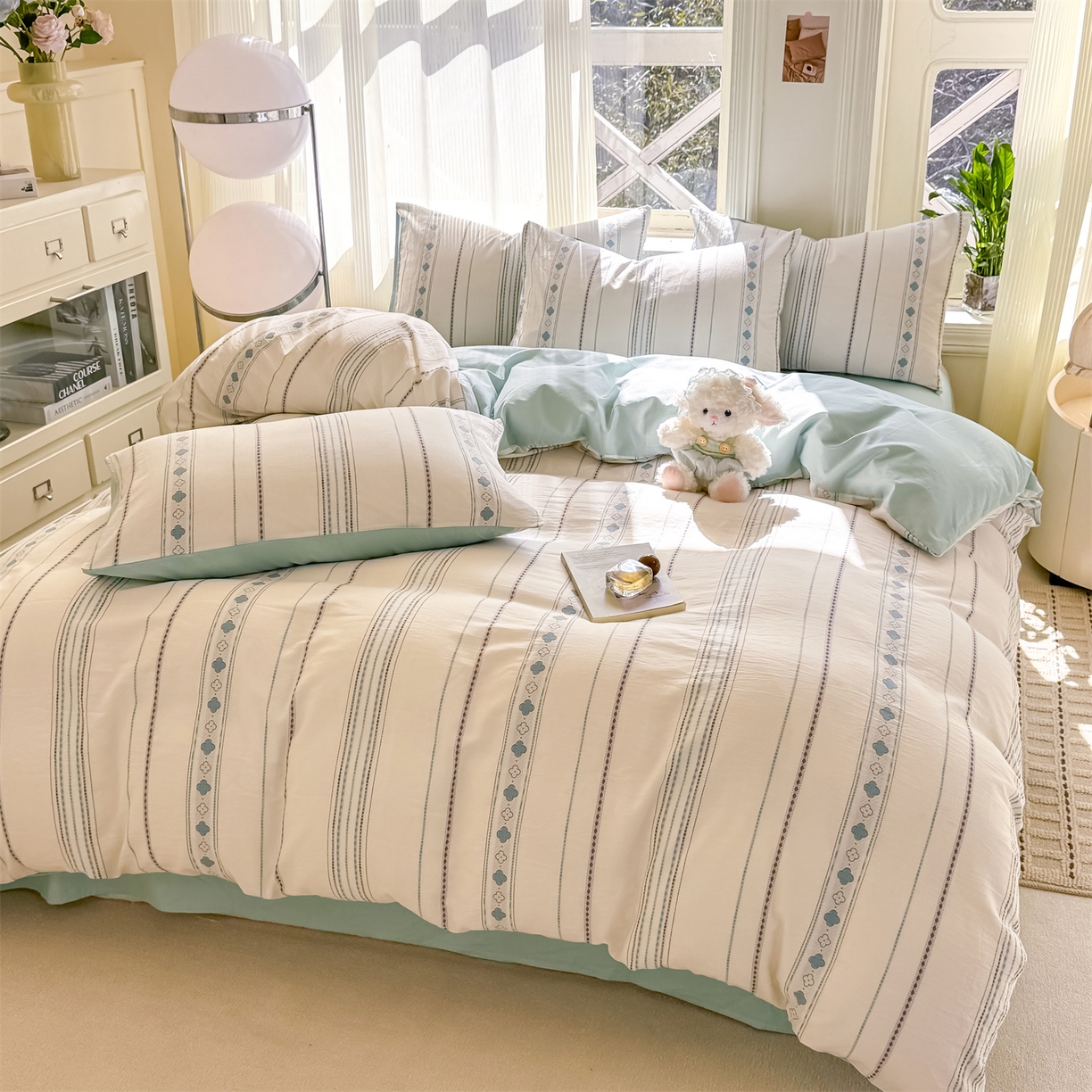 91家纺网 家纺一手货源 找家纺 灰鲸 2026新款A类全棉纯棉色织提花四件套 四叶星语-蓝