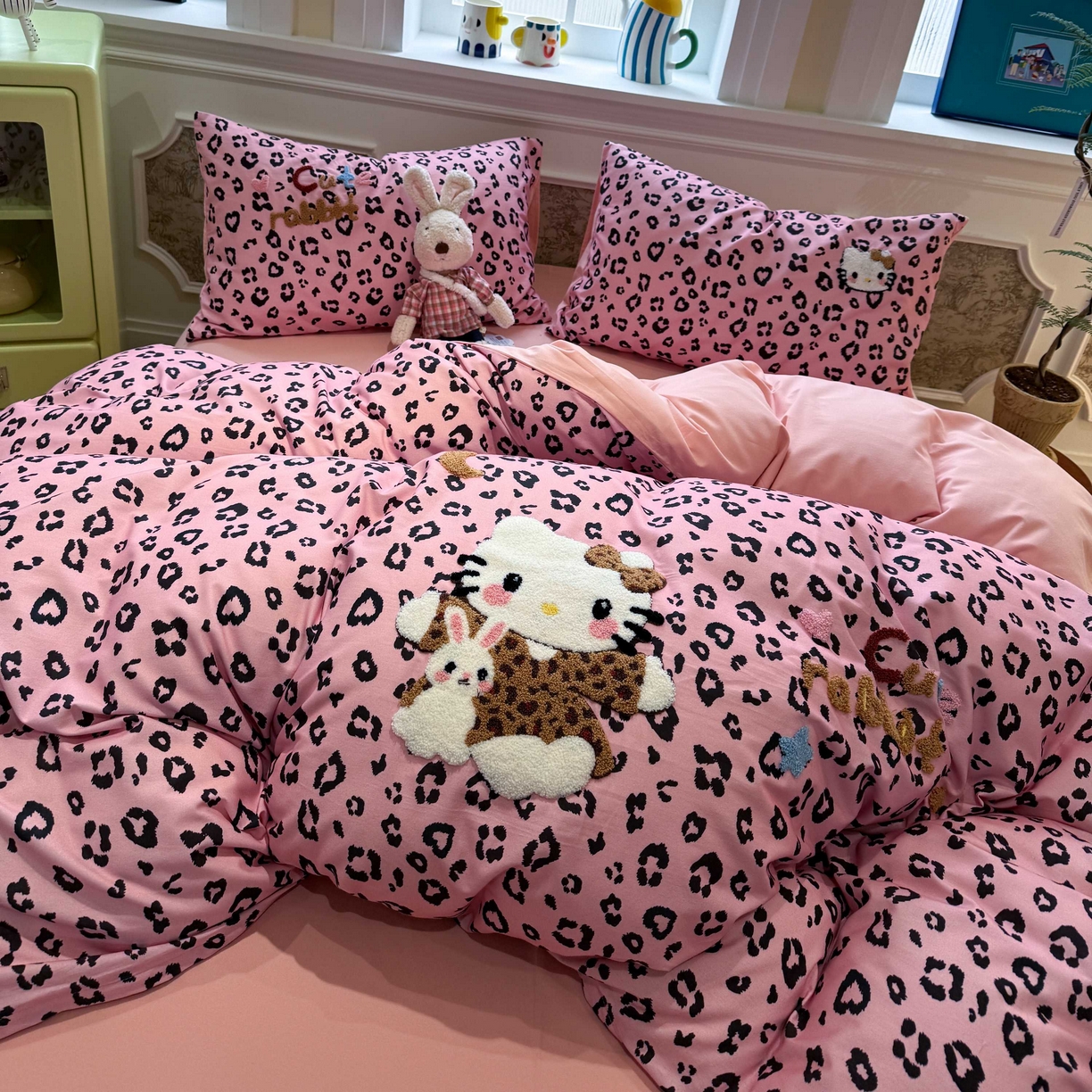 91家纺网 家纺一手货源 找家纺 珺柔家纺 2026新款全棉纯棉四件套 豹纹猫咪（粉）