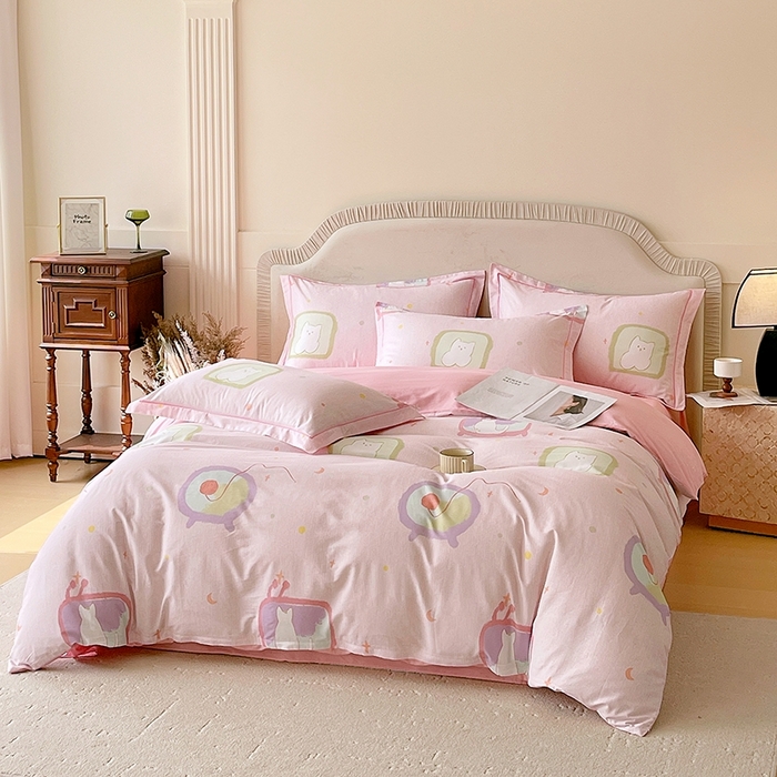 91家纺网 家纺一手货源 找家纺 梧桐树 2026新款高支密全棉纯棉印花四件套 A612机器猫 粉