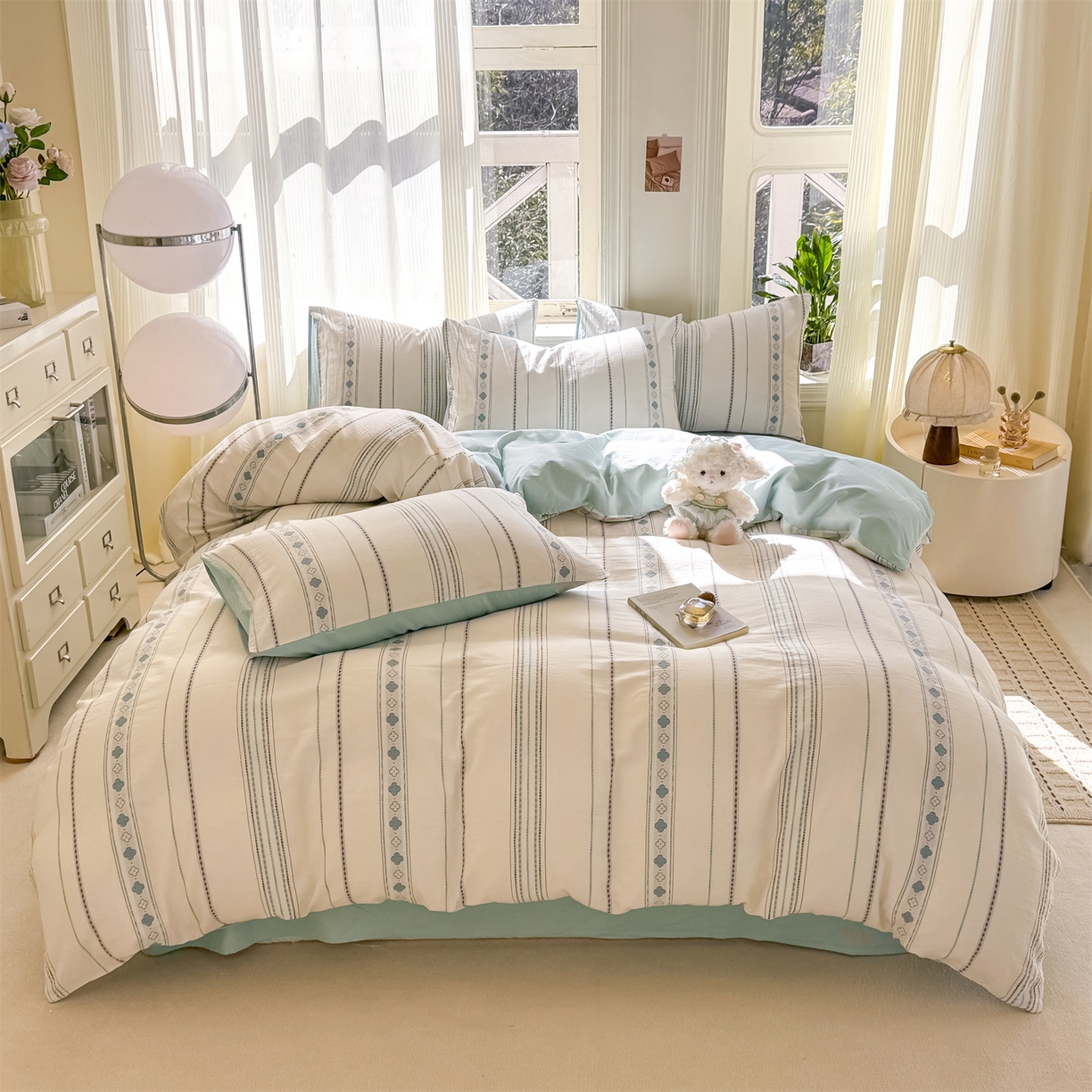 91家纺网 家纺一手货源 找家纺 灰鲸 2026新款A类全棉纯棉色织提花四件套 四叶星语-蓝