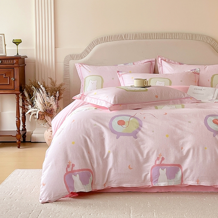 91家纺网 家纺一手货源 找家纺 梧桐树 2026新款高支密全棉纯棉印花四件套 A612机器猫 粉