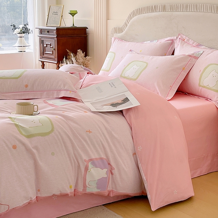 91家纺网 家纺一手货源 找家纺 梧桐树 2026新款高支密全棉纯棉印花四件套 A612机器猫 粉