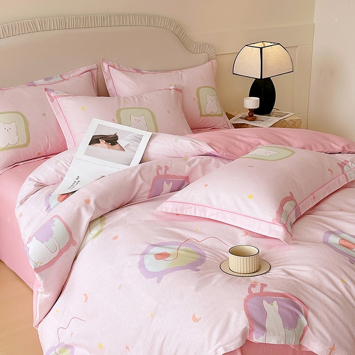 91家纺网 家纺一手货源 找家纺 梧桐树 2026新款高支密全棉纯棉印花四件套 A612机器猫 粉