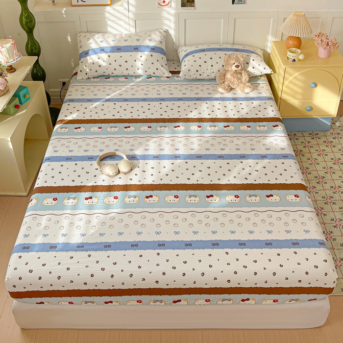 91家纺网 家纺一手货源 找家纺 小桃姐家纺 2025新款超柔印花云感泡芙双层纱床笠单件床笠二三件套 费尔岛小喵