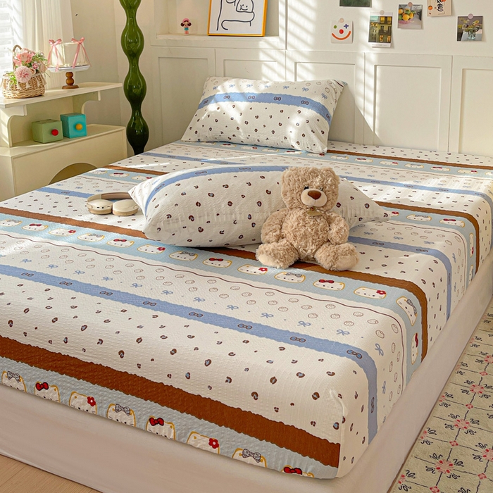 91家纺网 家纺一手货源 找家纺 小桃姐家纺 2025新款超柔印花云感泡芙双层纱床笠单件床笠二三件套 费尔岛小喵