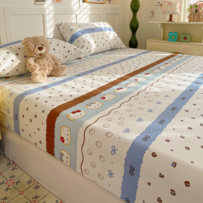 91家纺网 家纺一手货源 找家纺 小桃姐家纺 2025新款超柔印花云感泡芙双层纱床笠单件床笠二三件套 费尔岛小喵