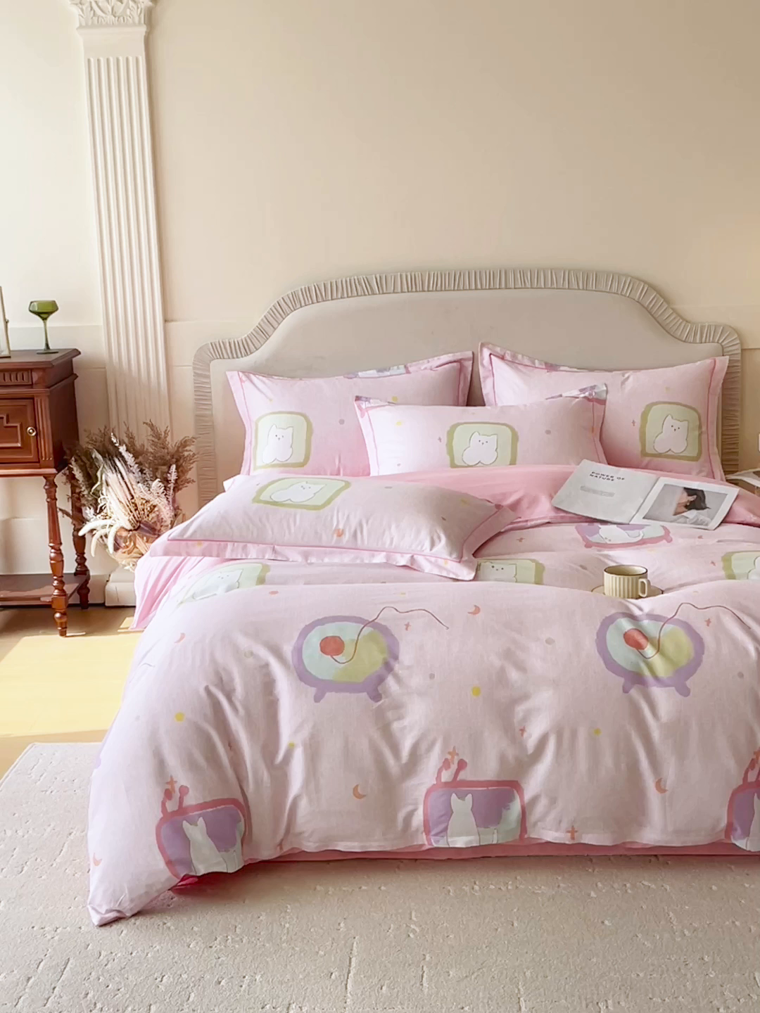 91家纺网 家纺一手货源 找家纺 梧桐树 2026新款高支密全棉纯棉印花四件套 A612机器猫 粉