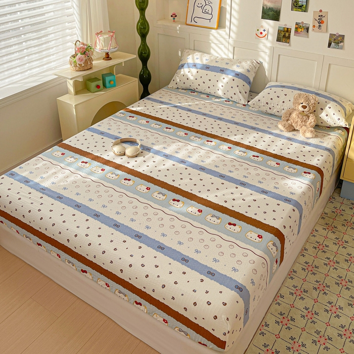 91家纺网 家纺一手货源 找家纺 小桃姐家纺 2025新款超柔印花云感泡芙双层纱床笠单件床笠二三件套 费尔岛小喵