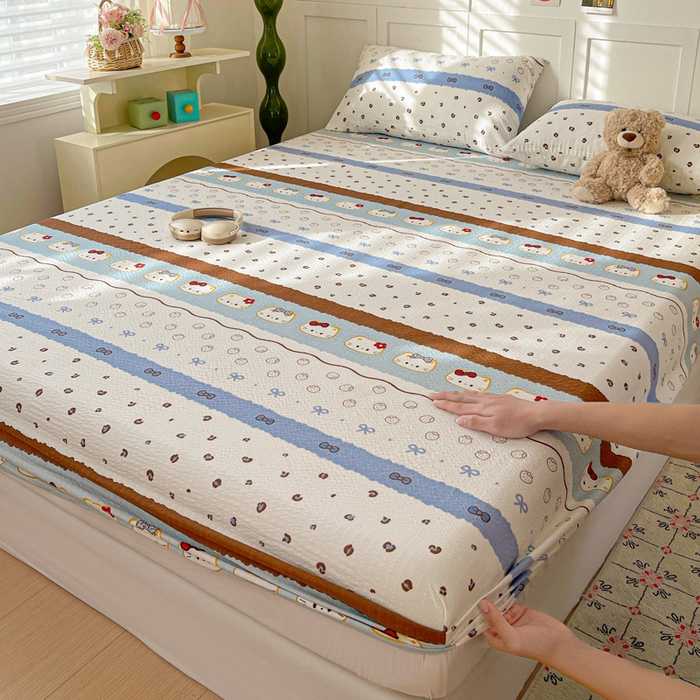 91家纺网 家纺一手货源 找家纺 小桃姐家纺 2025新款超柔印花云感泡芙双层纱床笠单件床笠二三件套 费尔岛小喵