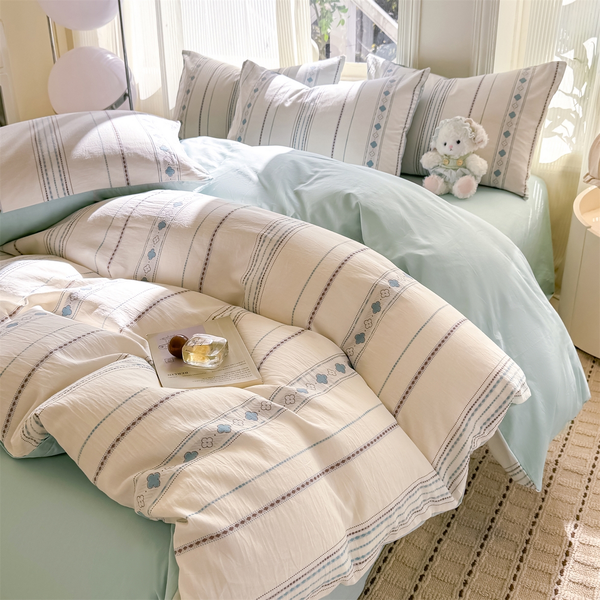 91家纺网 家纺一手货源 找家纺 灰鲸 2026新款A类全棉纯棉色织提花四件套 四叶星语-蓝