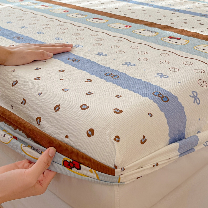 91家纺网 家纺一手货源 找家纺 小桃姐家纺 2025新款超柔印花云感泡芙双层纱床笠单件床笠二三件套 费尔岛小喵