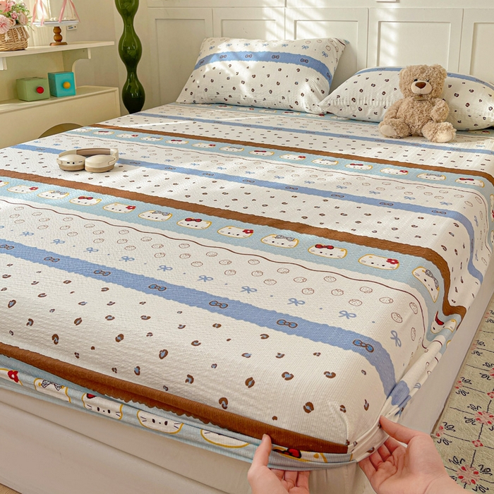 91家纺网 家纺一手货源 找家纺 小桃姐家纺 2025新款超柔印花云感泡芙双层纱床笠单件床笠二三件套 费尔岛小喵