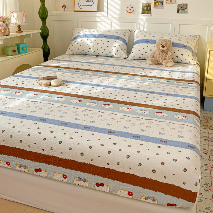 91家纺网 家纺一手货源 找家纺 小桃姐家纺 2025新款超柔印花云感泡芙双层纱床笠单件床笠二三件套 费尔岛小喵