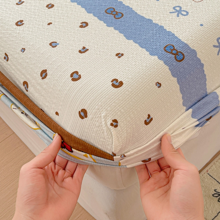 91家纺网 家纺一手货源 找家纺 小桃姐家纺 2025新款超柔印花云感泡芙双层纱床笠单件床笠二三件套 费尔岛小喵