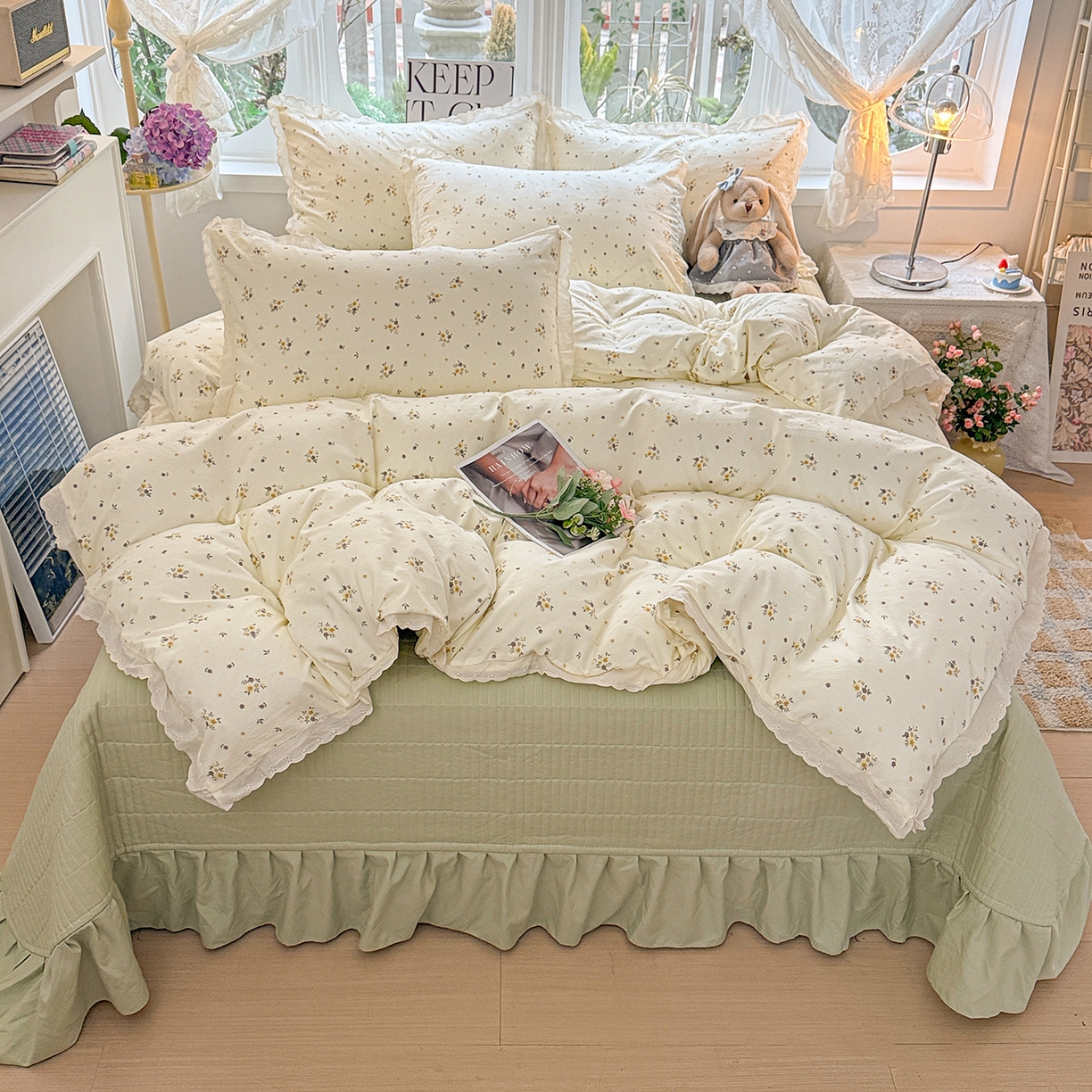 梦莱斯 2026新款ins小清风水洗棉花边床盖四件套 花漫歌