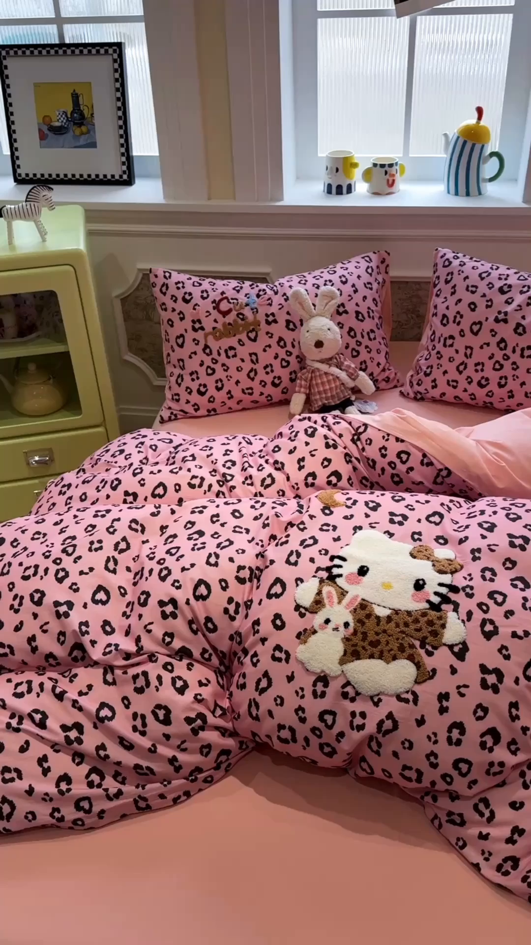 91家纺网 家纺一手货源 找家纺 珺柔家纺 2026新款全棉纯棉四件套 豹纹猫咪（粉）