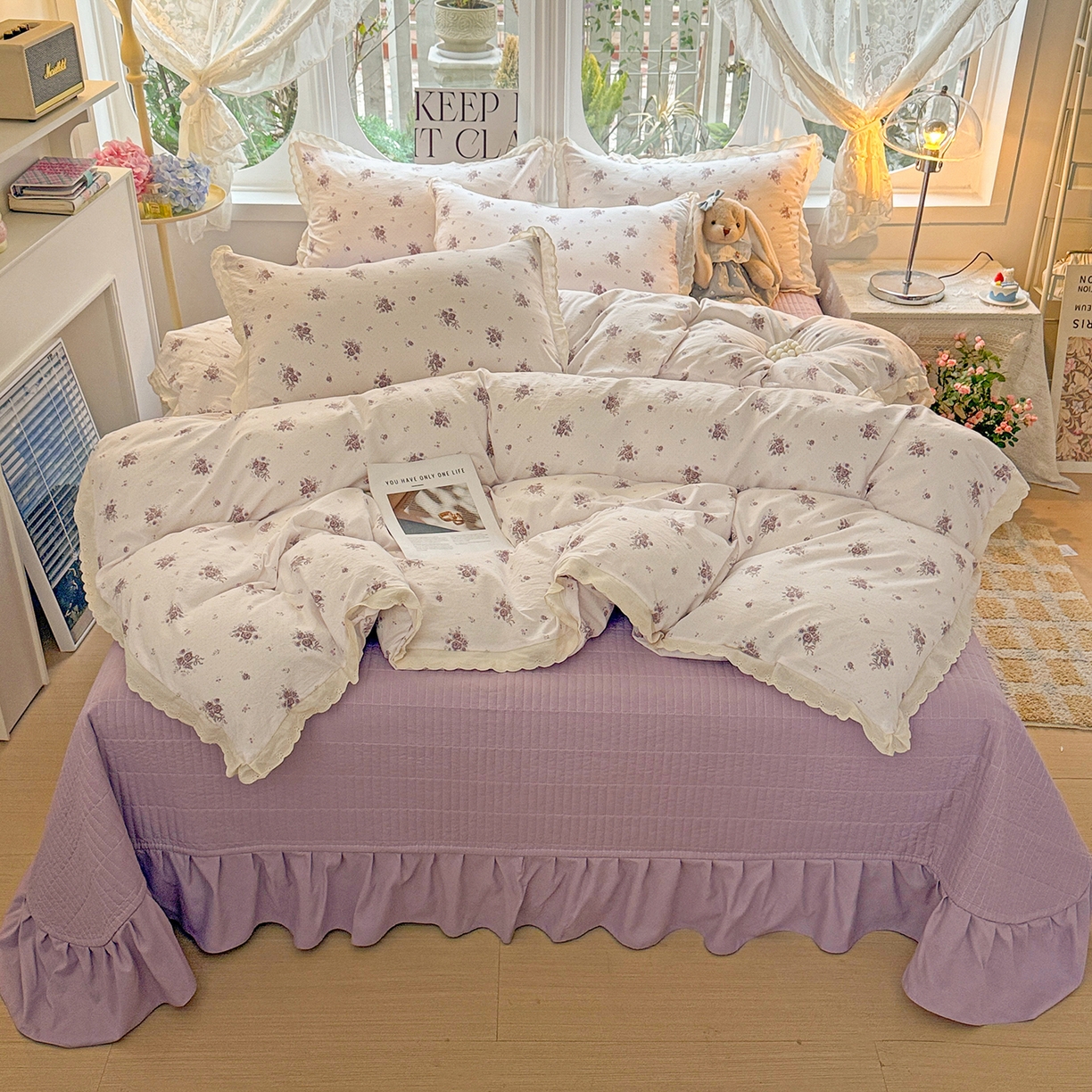 梦莱斯 2026新款ins小清风水洗棉花边床盖四件套 卡迪娜