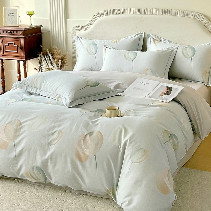 91家纺网 家纺一手货源 找家纺 梧桐树 2026新款高支密全棉纯棉印花四件套 A613静待花开绿