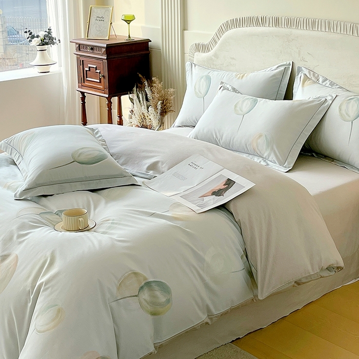 91家纺网 家纺一手货源 找家纺 梧桐树 2026新款高支密全棉纯棉印花四件套 A613静待花开绿