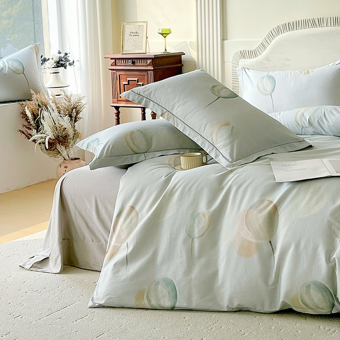 91家纺网 家纺一手货源 找家纺 梧桐树 2026新款高支密全棉纯棉印花四件套 A613静待花开绿