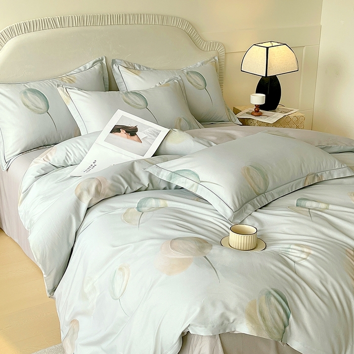 91家纺网 家纺一手货源 找家纺 梧桐树 2026新款高支密全棉纯棉印花四件套 A613静待花开绿