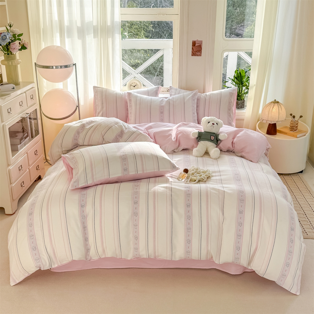 91家纺网 家纺一手货源 找家纺 灰鲸 2026新款A类全棉纯棉色织提花四件套 线条小狗-粉