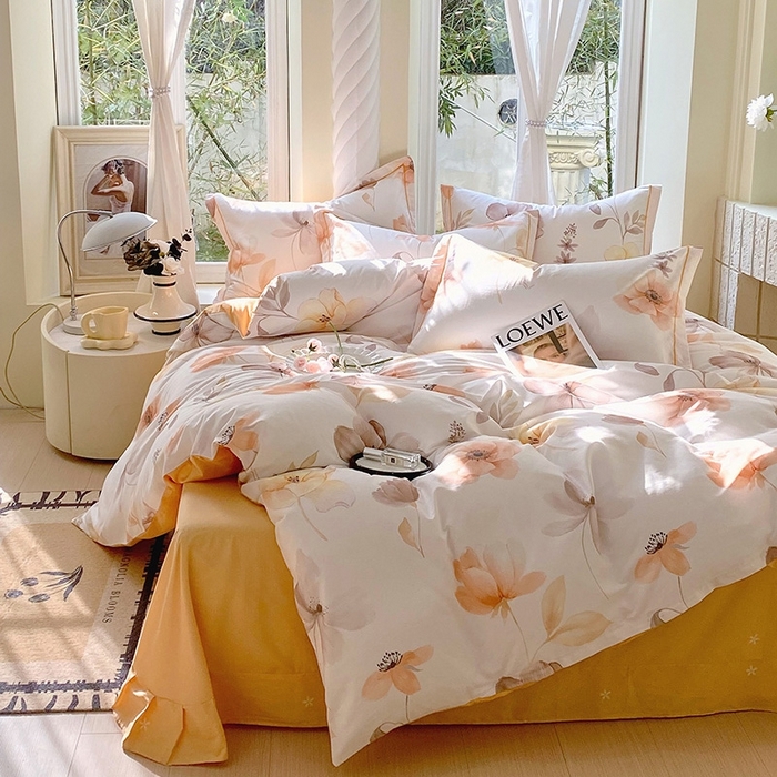 91家纺网 家纺一手货源 找家纺 梧桐树 2026新款高支密全棉纯棉印花四件套 A615山野漫漫-桔