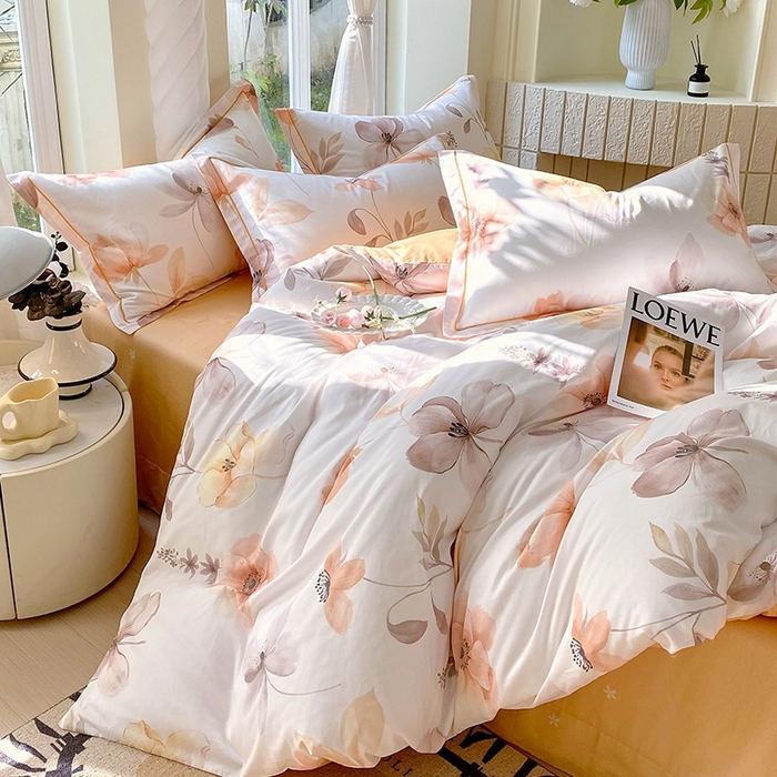 91家纺网 家纺一手货源 找家纺 梧桐树 2026新款高支密全棉纯棉印花四件套 A615山野漫漫-桔