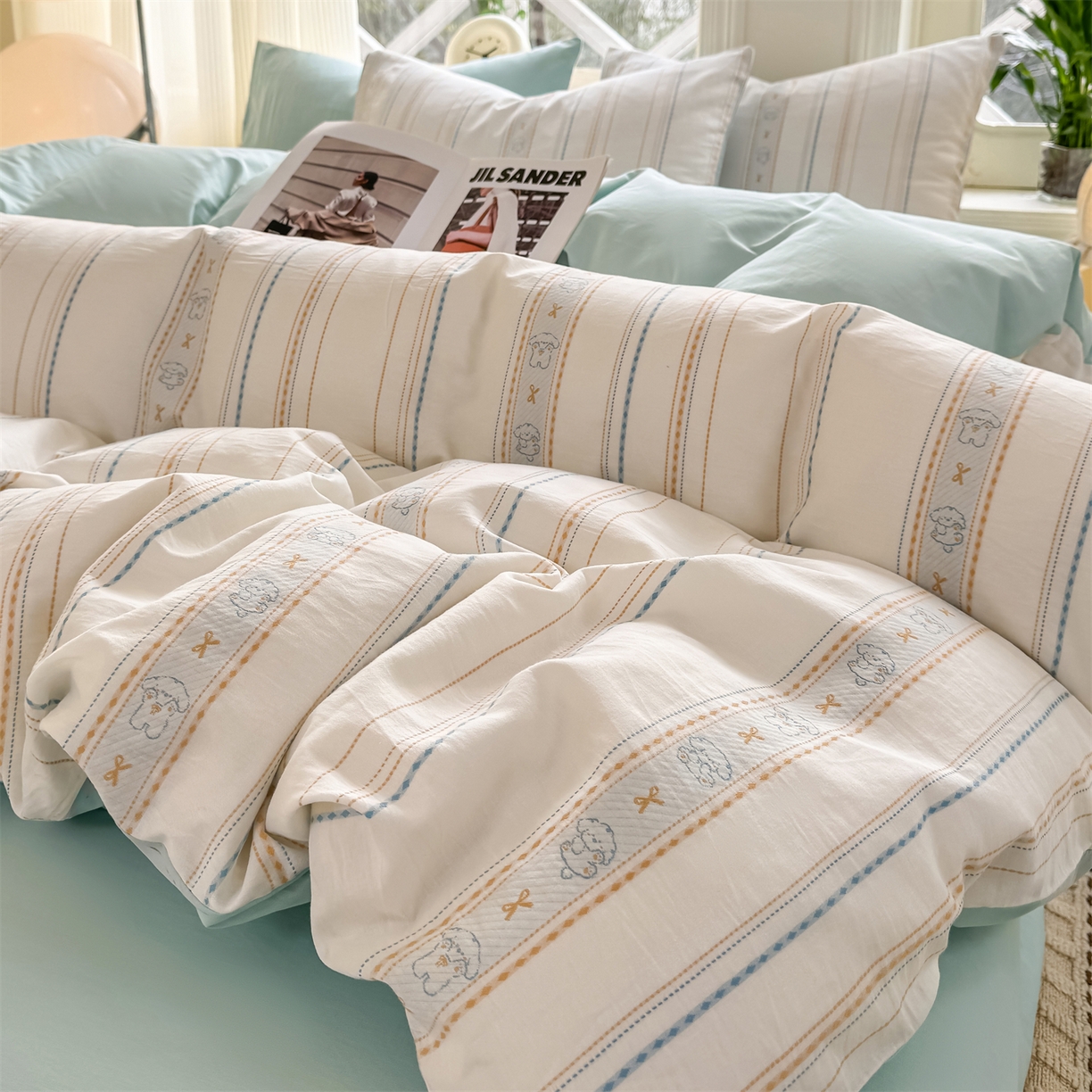 灰鲸 2026新款A类全棉纯棉色织提花四件套 线条小狗-蓝