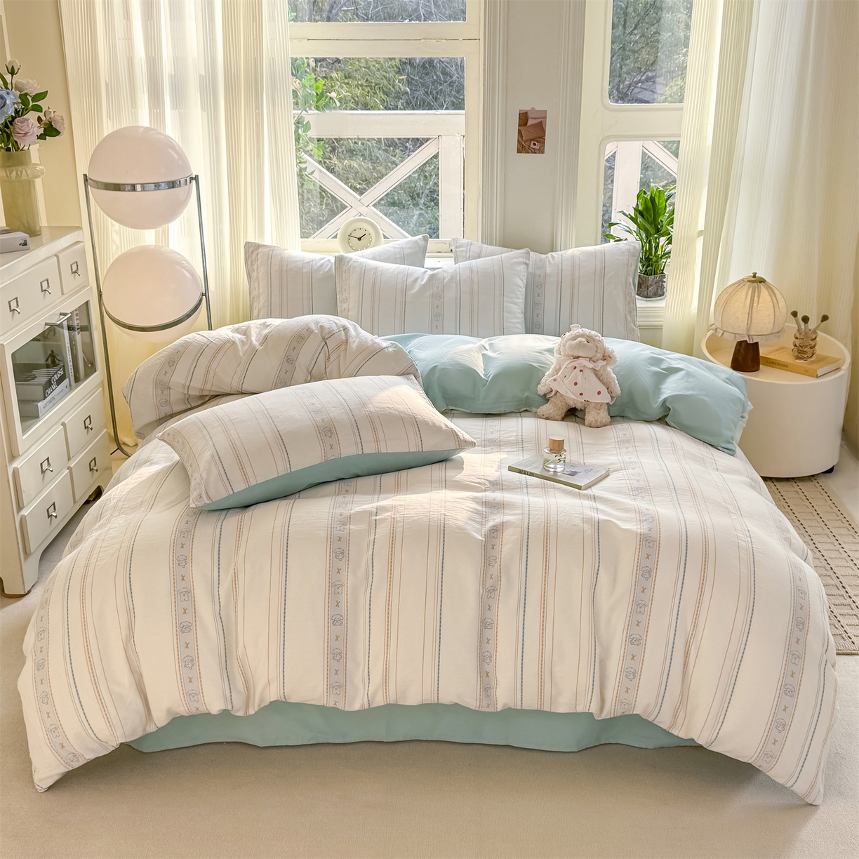 91家纺网 家纺一手货源 找家纺 灰鲸 2026新款A类全棉纯棉色织提花四件套 线条小狗-蓝