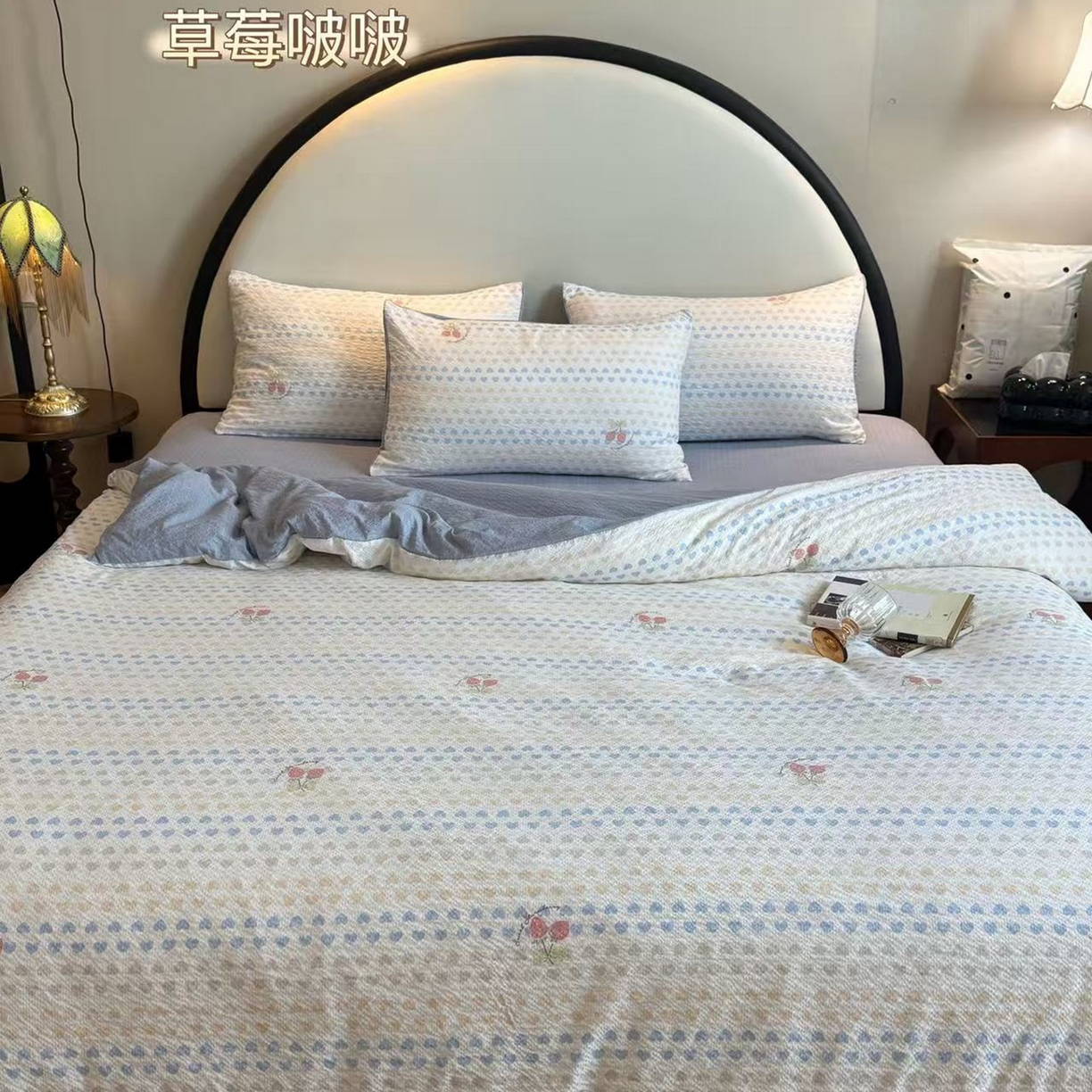 91家纺网 家纺一手货源 找家纺 美丽坊 2026新款爆款韩版泡泡纱四件套 草莓啵啵