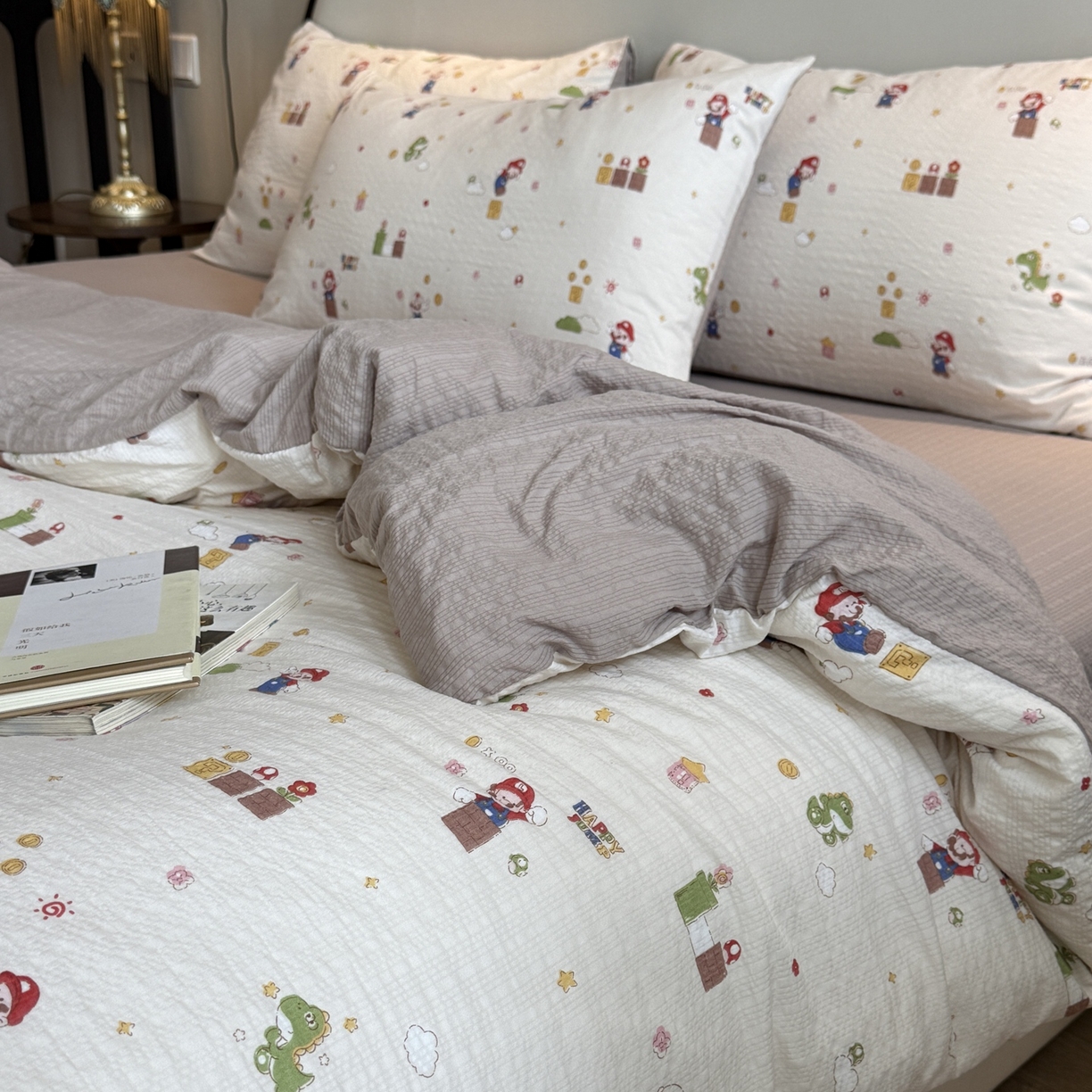 91家纺网 家纺一手货源 找家纺 美丽坊 2026新款爆款韩版泡泡纱四件套 超级玛丽