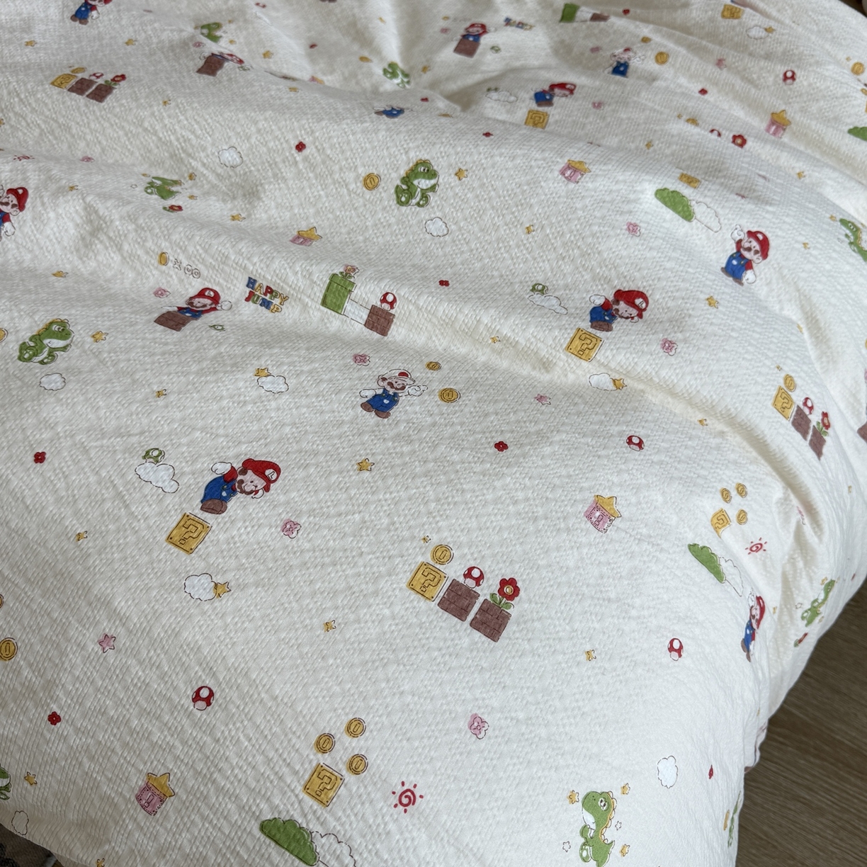 91家纺网 家纺一手货源 找家纺 美丽坊 2026新款爆款韩版泡泡纱四件套 超级玛丽