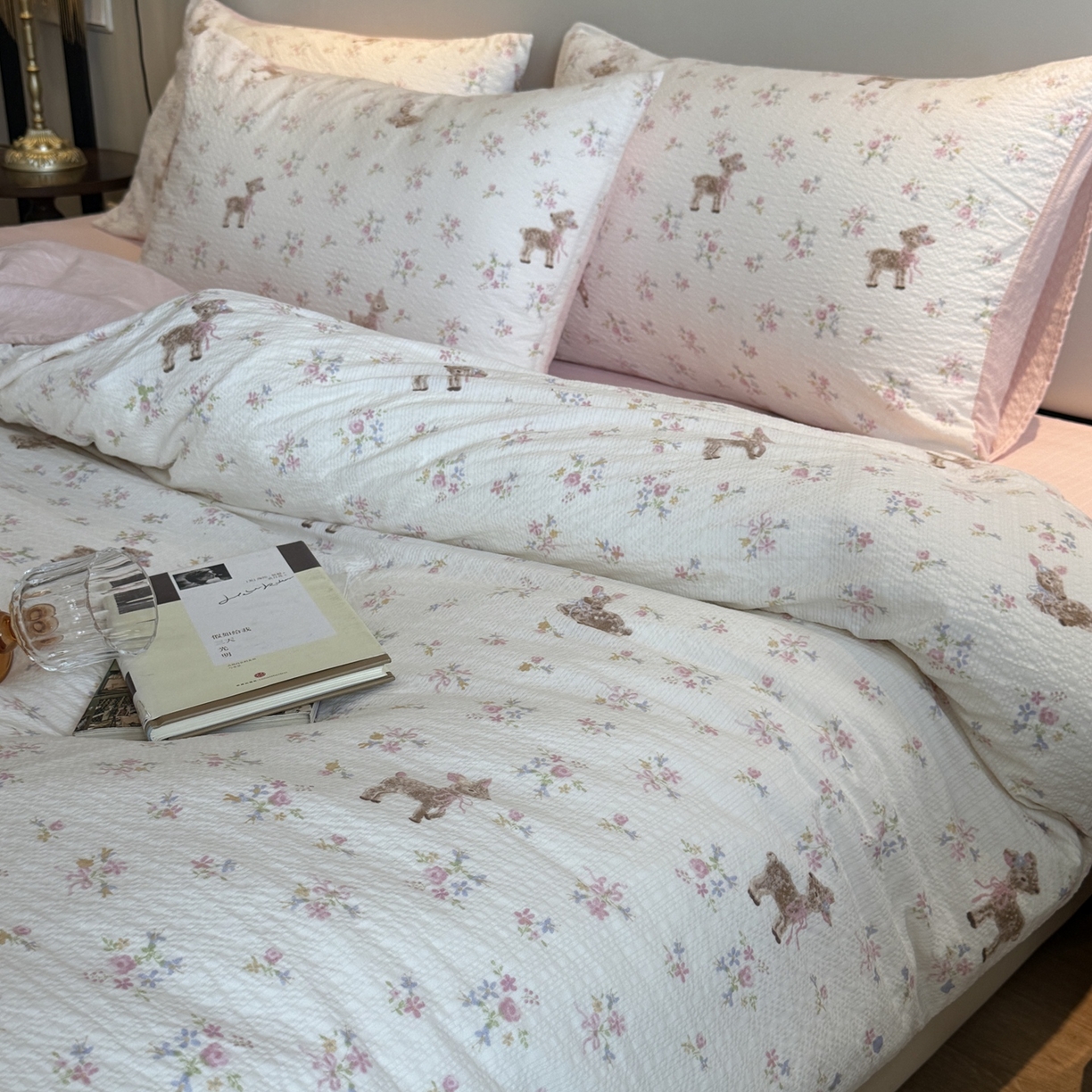 91家纺网 家纺一手货源 找家纺 美丽坊 2026新款爆款韩版泡泡纱四件套 花间鹿