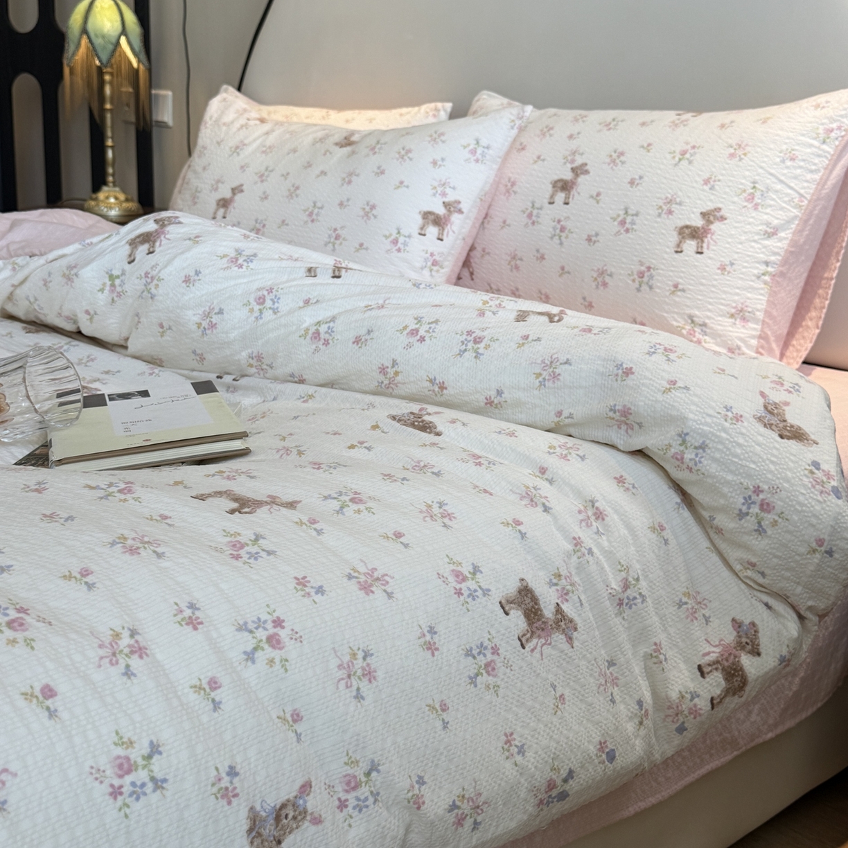 91家纺网 家纺一手货源 找家纺 美丽坊 2026新款爆款韩版泡泡纱四件套 花间鹿