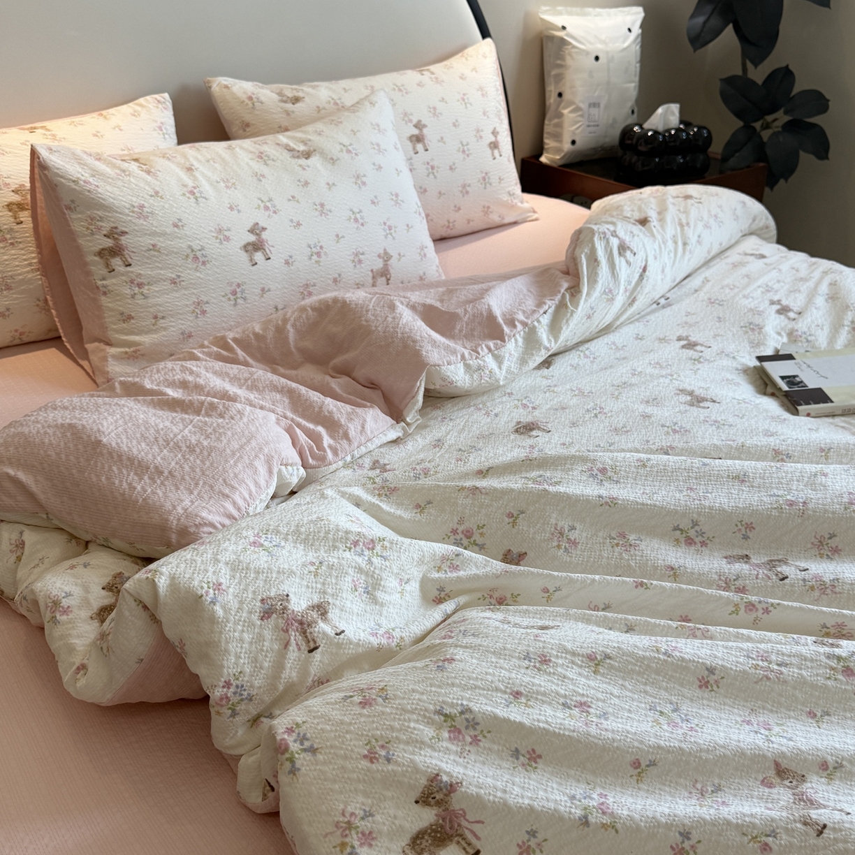 91家纺网 家纺一手货源 找家纺 美丽坊 2026新款爆款韩版泡泡纱四件套 花间鹿