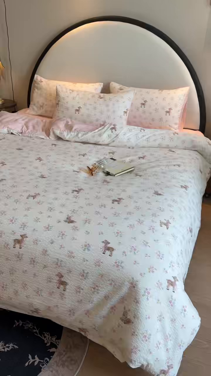 91家纺网 家纺一手货源 找家纺 美丽坊 2026新款爆款韩版泡泡纱四件套 花间鹿