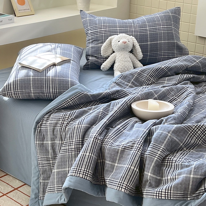 91家纺网 家纺一手货源 找家纺 春皖家纺 2026春夏新款全棉色织水洗棉夏被夏凉被空调被-云恋系列 云恋-格纹蓝