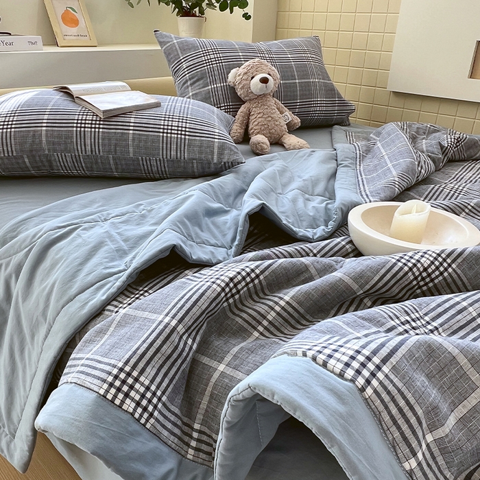 91家纺网 家纺一手货源 找家纺 春皖家纺 2026春夏新款全棉色织水洗棉夏被夏凉被空调被-云恋系列 云恋-格纹蓝